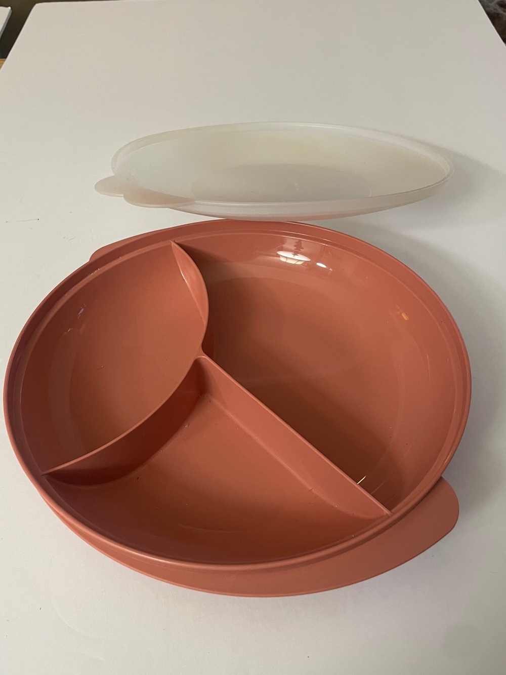 Tupperware Vintage Plastic Divided Serving Dish with Lid - Rust